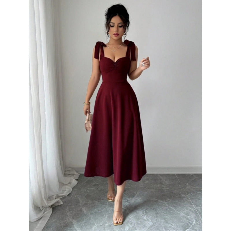 Solid Color Elegant Square Neck Puff Sleeve Long Dress