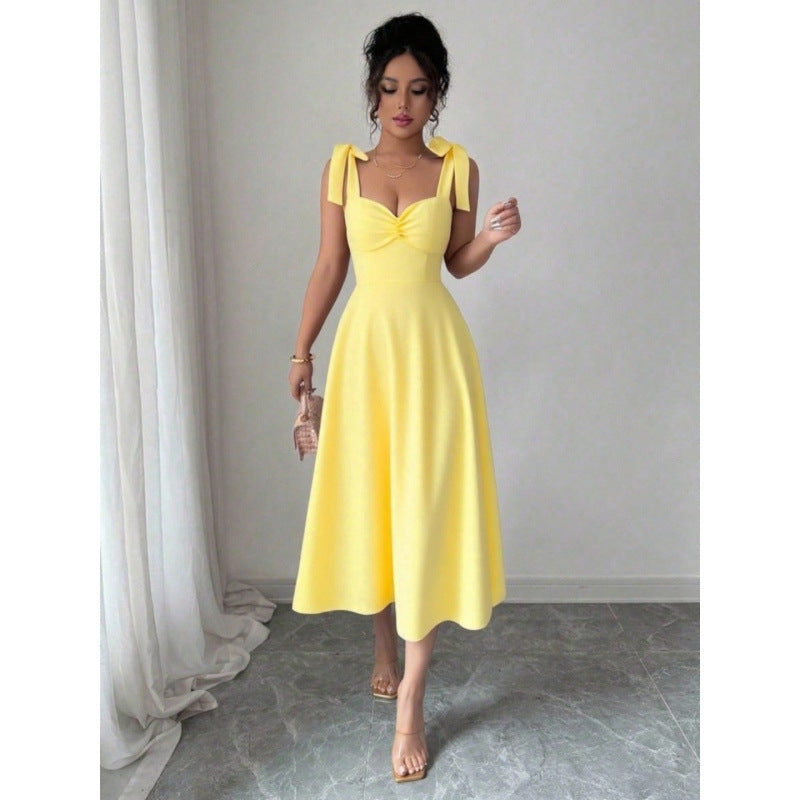 Solid Color Elegant Square Neck Puff Sleeve Long Dress
