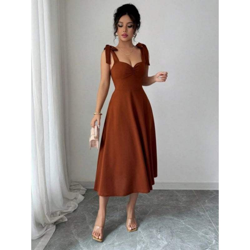 Solid Color Elegant Square Neck Puff Sleeve Long Dress