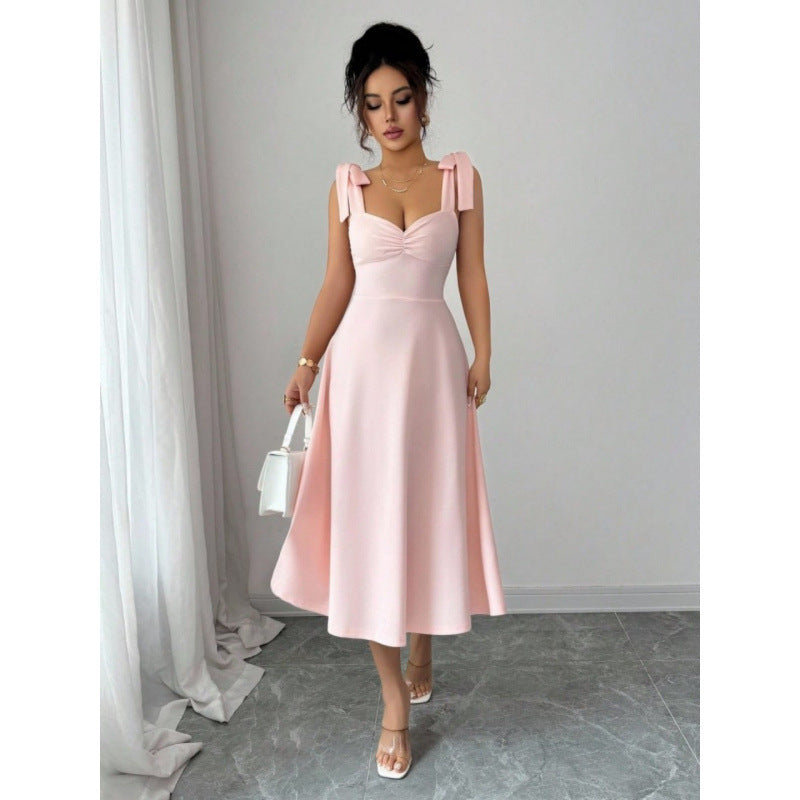 Solid Color Elegant Square Neck Puff Sleeve Long Dress