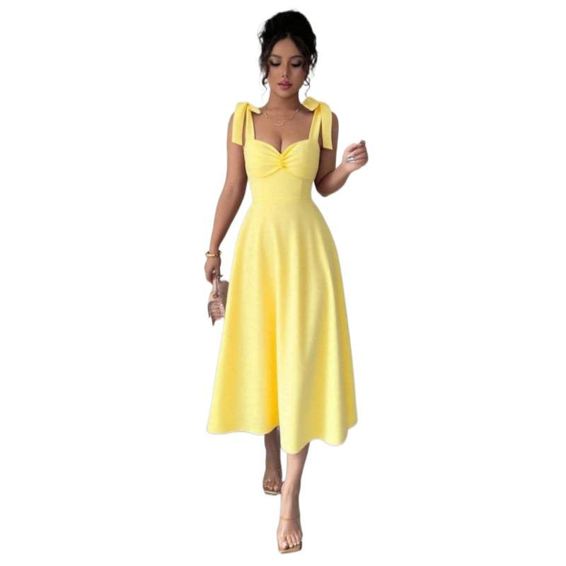 Solid Color Elegant Square Neck Puff Sleeve Long Dress