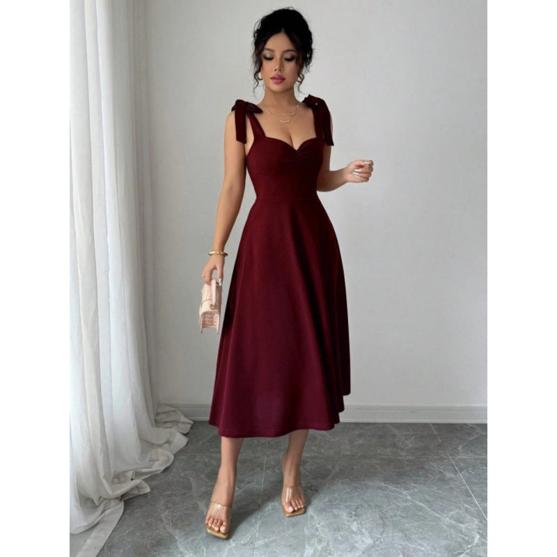 Solid Color Elegant Square Neck Puff Sleeve Long Dress